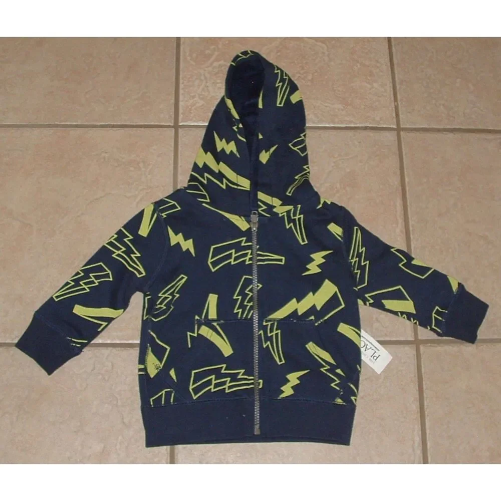 NEW Baby Boys sz 9-12 Months Blue Lightning Full Zip Hooded Jacket Pockets TCP